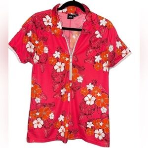 Nvo by Lanctot Women's Top Size XL Red Floral Half Zip Collared Short Sleeve